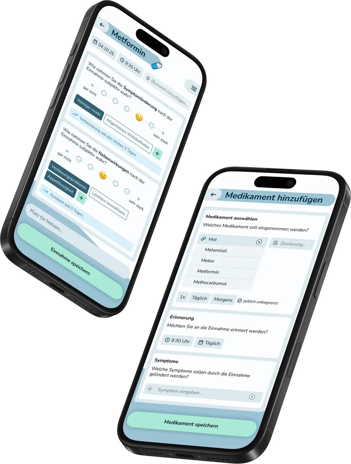 UX/UI-Design Mockup einer intuitiven Gesundheits-App zur Medikamenten- und Symptom-Verwaltung auf zwei Smartphones.